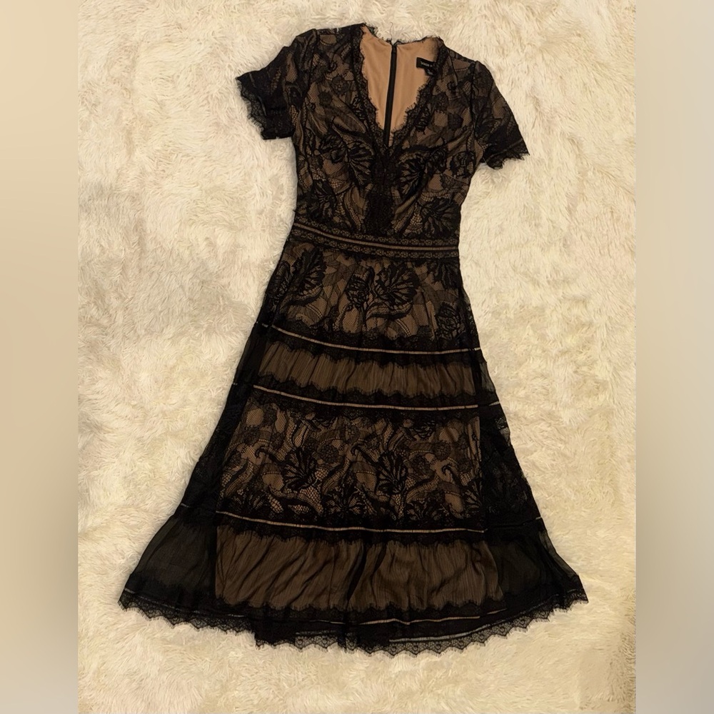 NWOT Tadashi Shoji Lace & Mesh black & nude Midi Cocktail Dress sz 6 - Picture 3 of 8